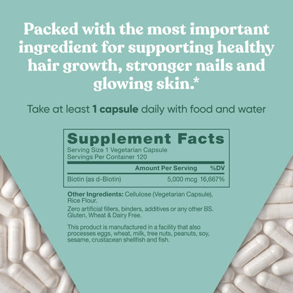 Biotin 5000 mcg Hair Skin Nails Supplement – High-Potency Vegan Soft Capsules (120)