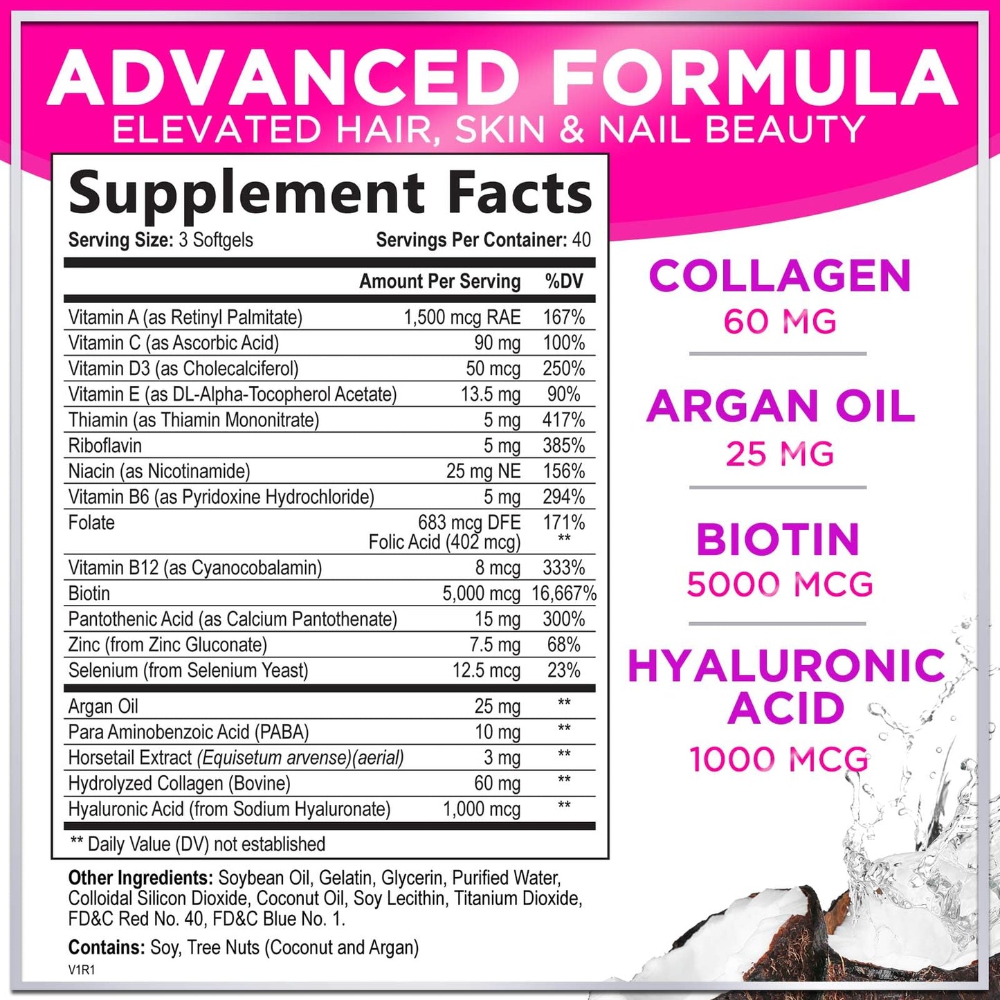 Hair, Skin & Nails Vitamins for Women - Biotin 5000mcg + Argan Oil, Collagen & Hyaluronic Acid | 120 Softgels