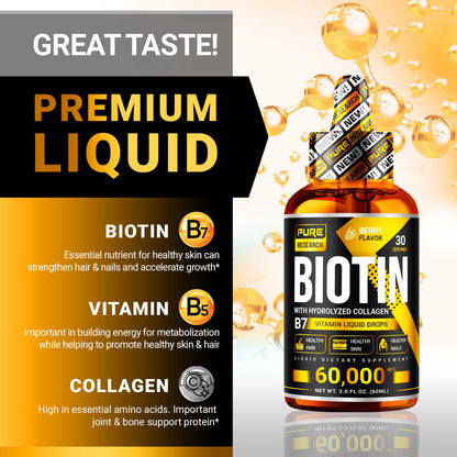 Liquid Biotin & Collagen Drops 60,000mcg – Hair, Skin & Nails Support – 2oz