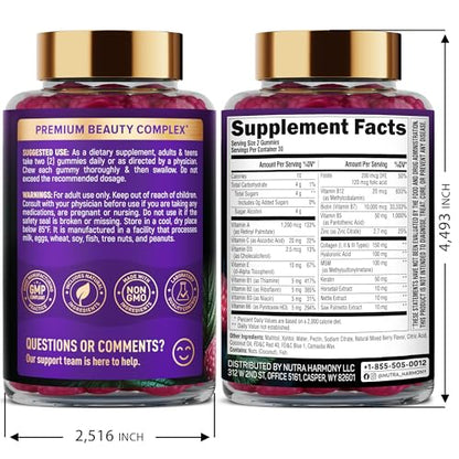 Biotin Gummies with Collagen - Hair, Skin & Nails | Sugar-Free, Mixed Berry, Pack of 2