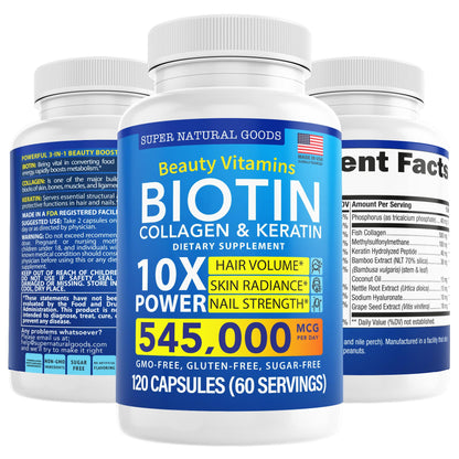 Biotin, Collagen & Keratin with Folate – Hair Growth Vitamins for Women & Men | Gluten Free & GMO Free (120 Caps)