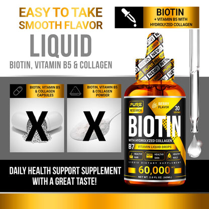 PURE RESEARCH Biotin & Collagen 60,000mcg Hair Growth Liquid Drops – Strong Nails, Healthy Hair & Glowing Skin (4 Fl Oz)