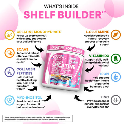 Creatine for Women | Creatine Monohydrate + BCAA Powder Myo-Inositol Collagen Biotin Hyaluronic Acid Folate L Glutamine Vitamin D3 Iron Zinc D-Chiro-Maca Digestion Shelf Builder by Clean Nutra