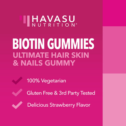 Biotin Gummies 5000mcg for Hair, Skin & Nails – Vegan Vitamin B7, Strawberry Flavor, 90 Count