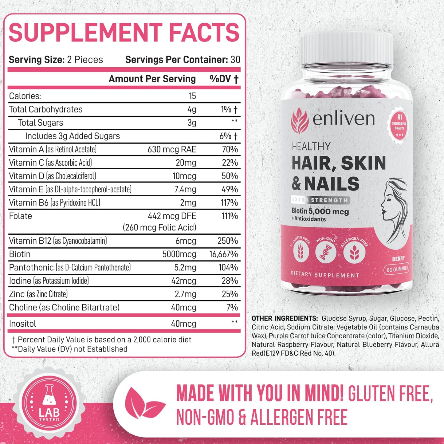 Biotin Gummies 5000mcg for Hair Growth & Strong Nails | Vegan Berry 60 Gummies