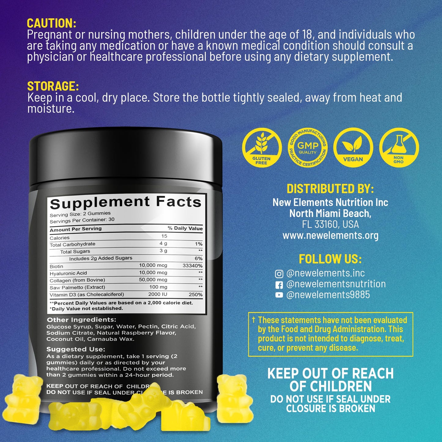 Biotin Gummies with Collagen & Vitamin D3 for Hair, Skin & Nails – Pineapple (Pack of 2)