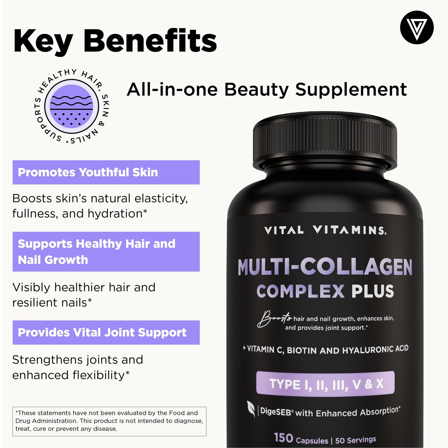 Vital Vitamins Multi Collagen Complex Plus - 150 Capsules | Hair, Skin, Nails