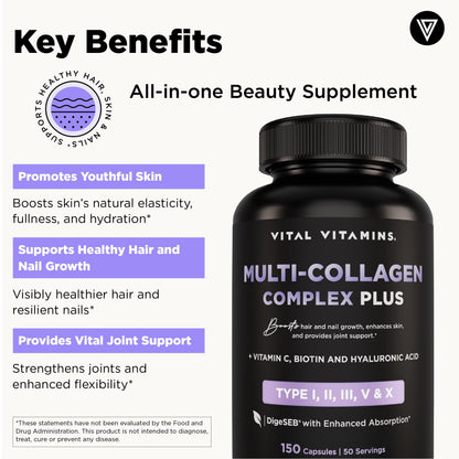 Vital Vitamins Multi Collagen Complex Plus - 150 Capsules | Hair, Skin, Nails