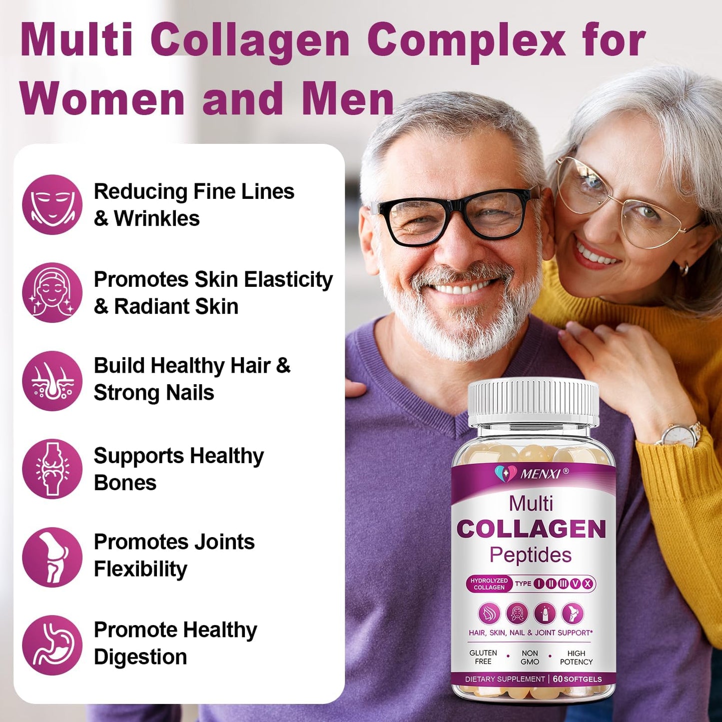 Multi Collagen Peptides Softgels - Types I II III V X with Biotin Vitamin C Hyaluronic Acid