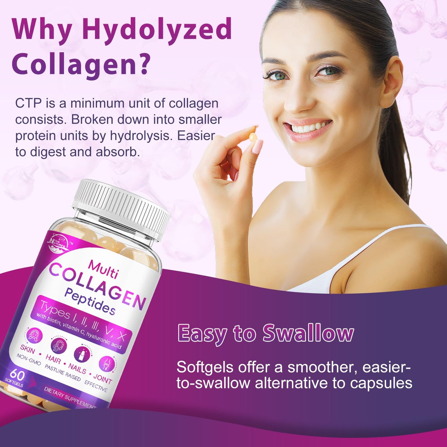 Multi Collagen Peptides Softgels (Type I-X) with Biotin, Vitamin C & Hyaluronic Acid | Grass-Fed, Non-GMO | 60 Softgels, 2-Pack