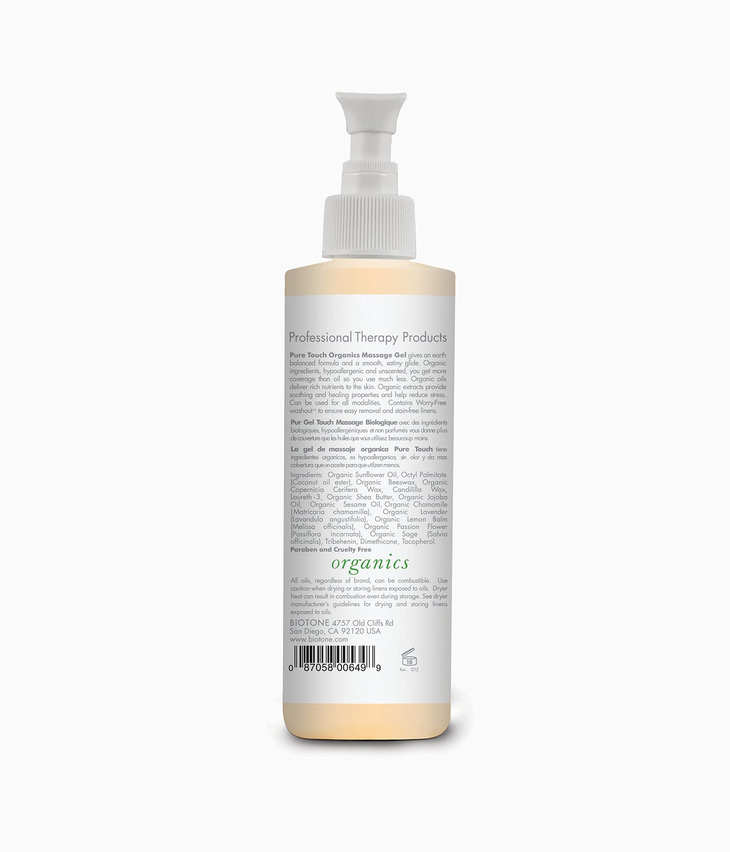Biotone Pure Touch Organics Massage Gel, 8 Ounce - Unscented, All Natural