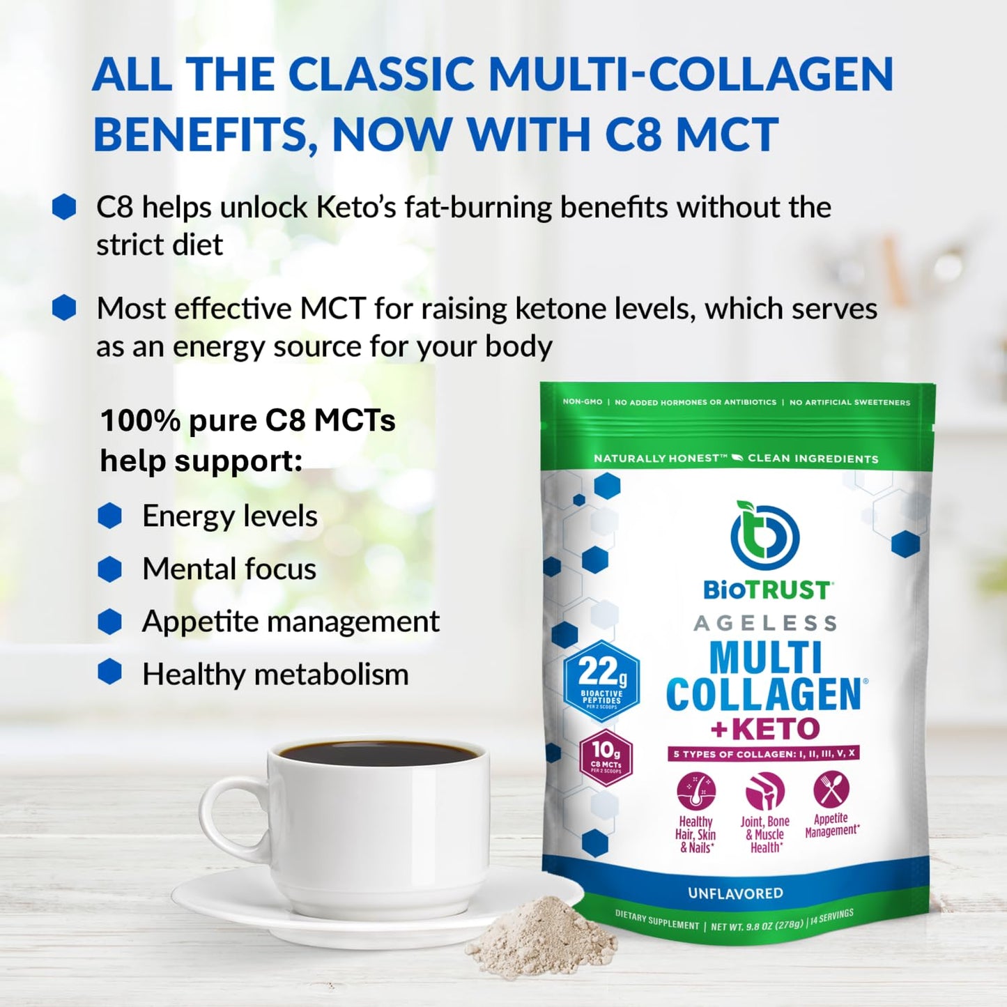 BioTrust Multi Collagen Protein Powder + Keto MCT Oil (Unflavored) – 5 Types I–X & C8 MCT