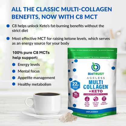 BioTrust Multi Collagen Protein Powder + Keto MCT Oil (Unflavored) – 5 Types I–X & C8 MCT