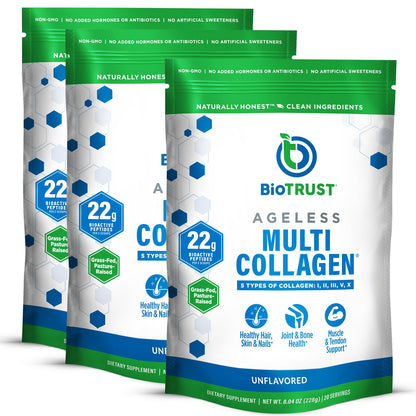 BioTrust Ageless Multi Collagen Peptides Powder – 5 Types (I, II, III, V, X) – 10g per Serving – 3-pk