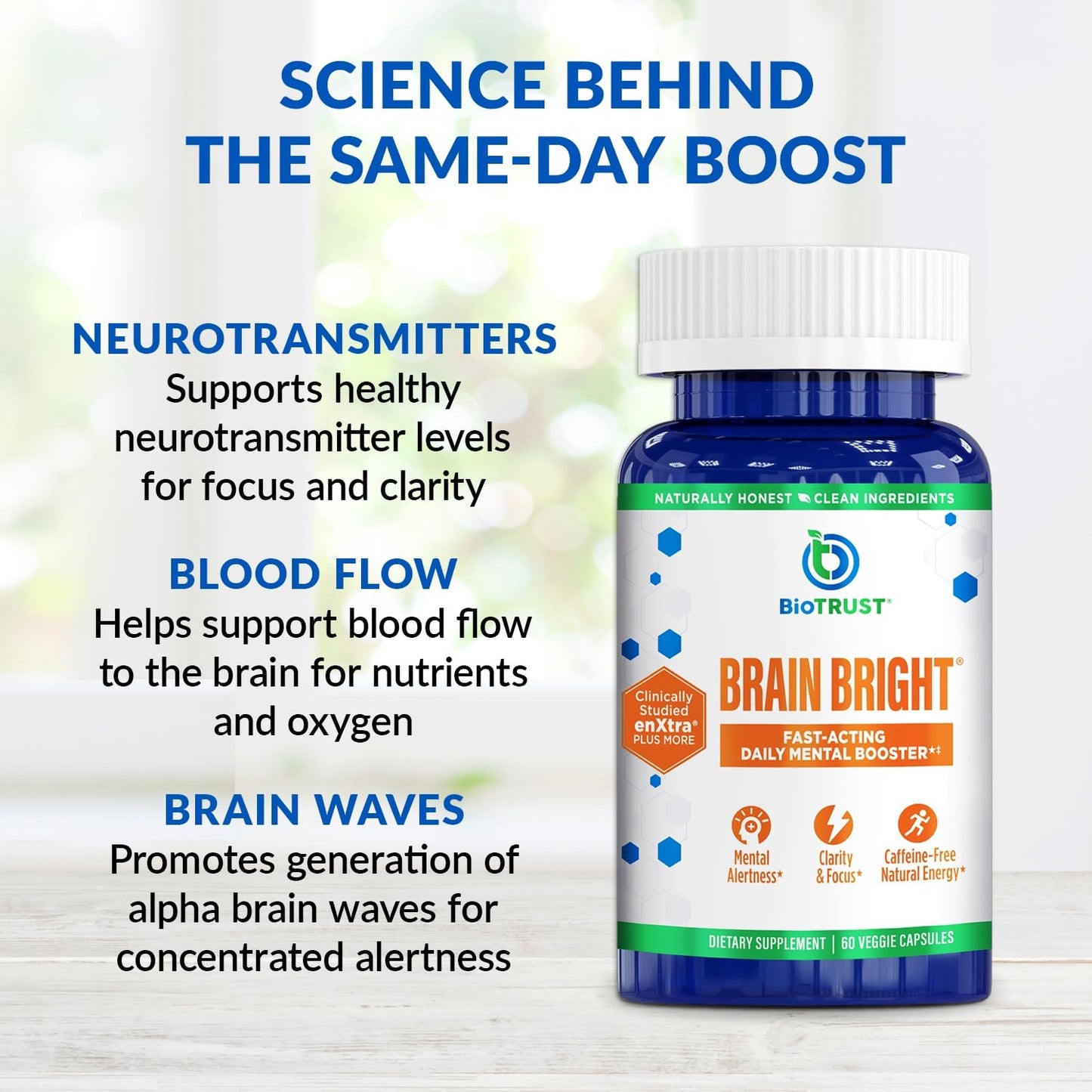 BioTrust Brain Bright – Daily Nootropic Boost for Focus, Concentration, Mental Clarity – Caffeine Free Nootropics Brain Support Supplement – Thai Ginger, Ginkgo, Folate, L-Theanine – 30 Servings