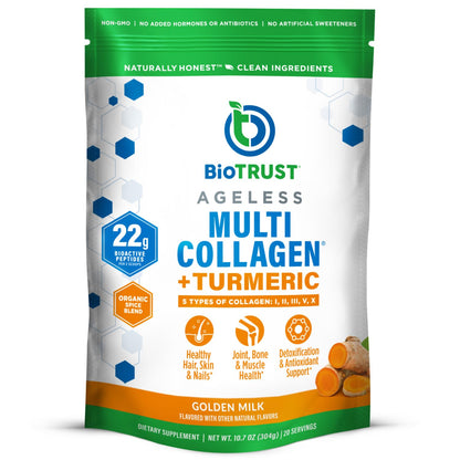 BioTrust Collagen Powder with Turmeric – 5 Types (I, II, III, V, X) Golden Milk