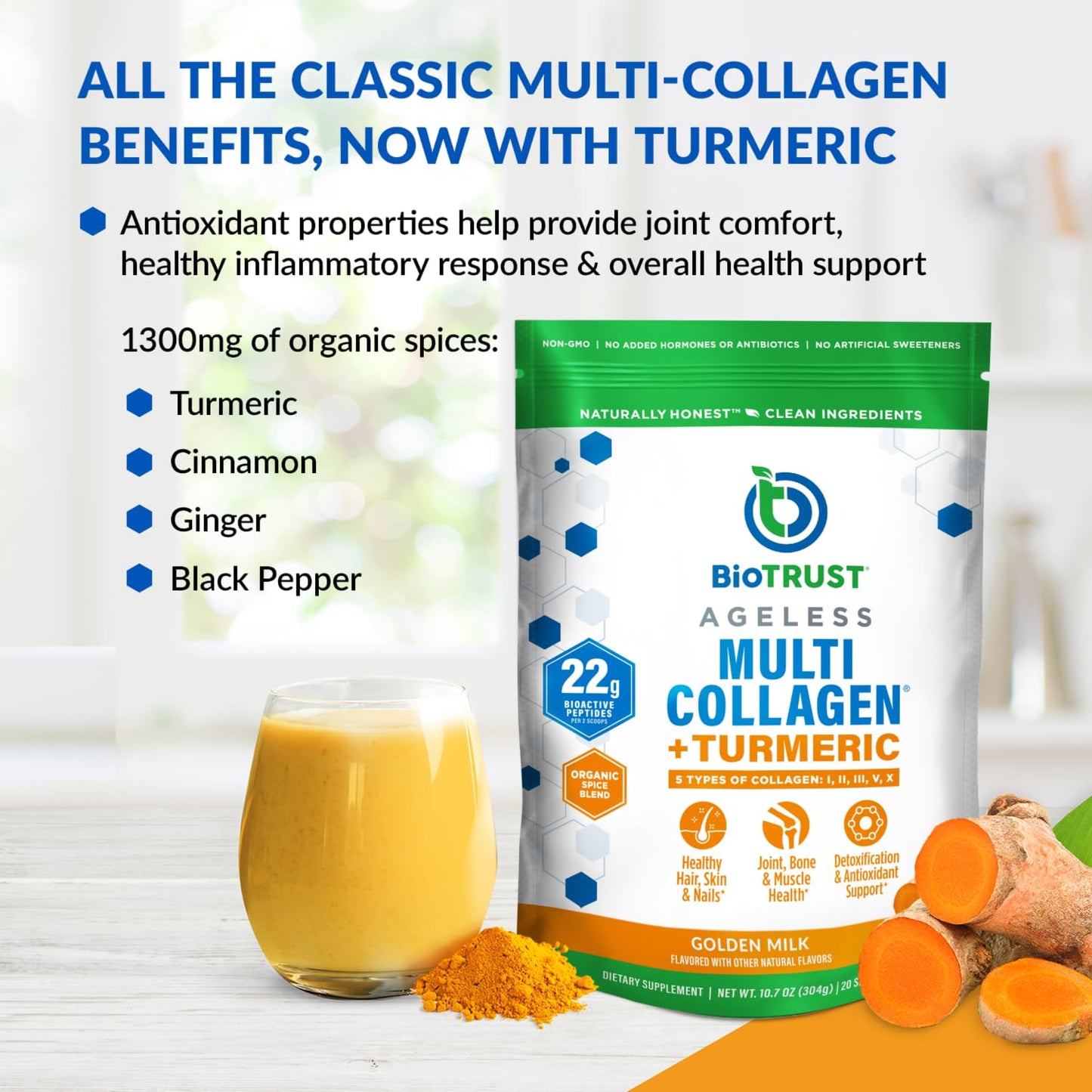 BioTrust Collagen Powder with Turmeric – 5 Types (I, II, III, V, X) Golden Milk