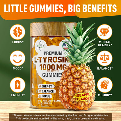 BioVit L-Tyrosine Gummies – 1000mg per Serving | Focus, Mood & Energy (60 Vegan Gummies)