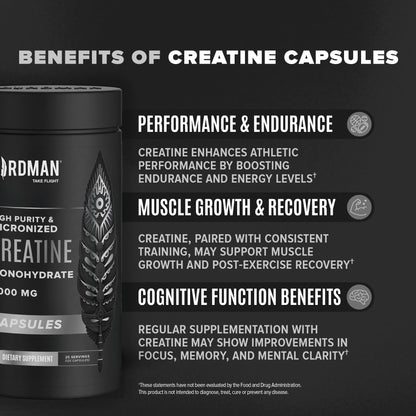 Birdman Micronized Creatine Monohydrate Capsules – Muscle Growth & Recovery | Vegan, Caffeine Free, Gluten Free, Sugar Free | 125 Capsules (25 Servings)