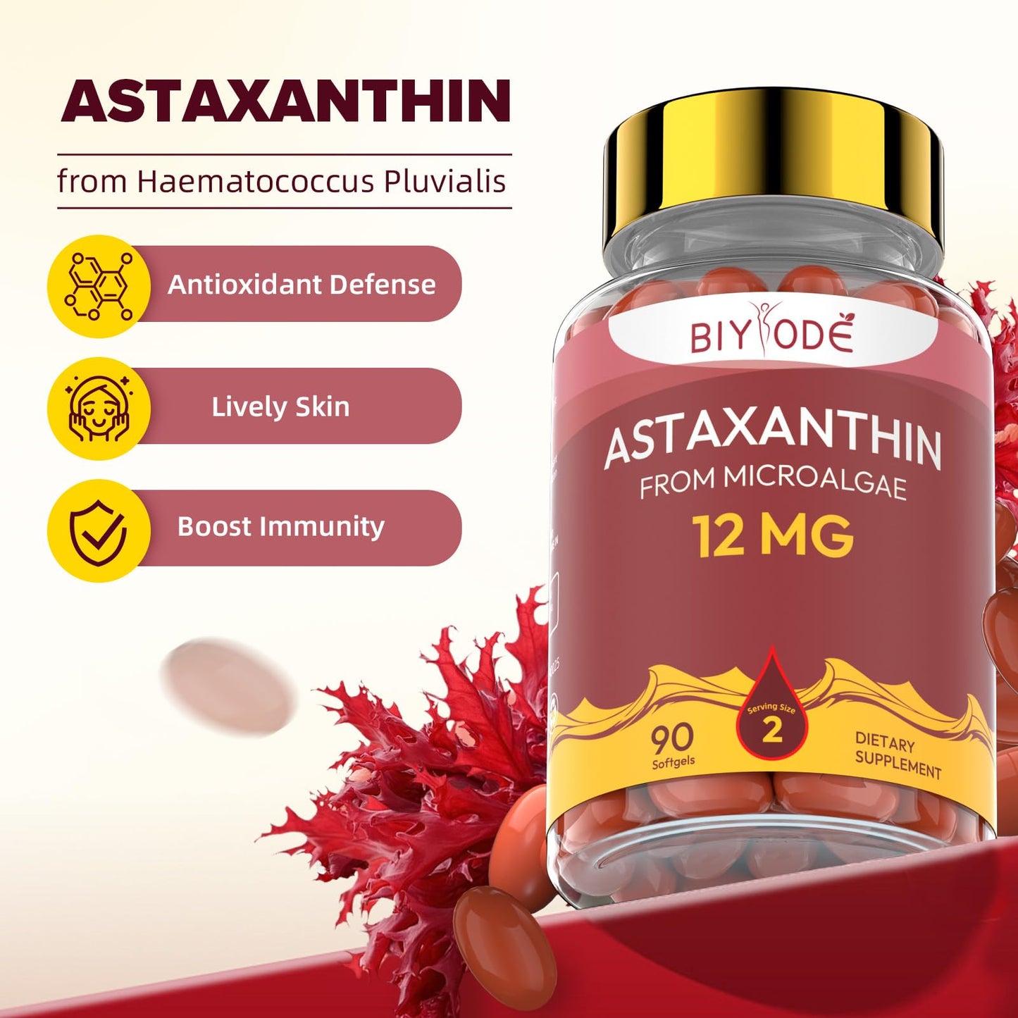 BIYODE Astaxanthin 12mg Softgels – High Potency Antioxidant (90 Softgels)