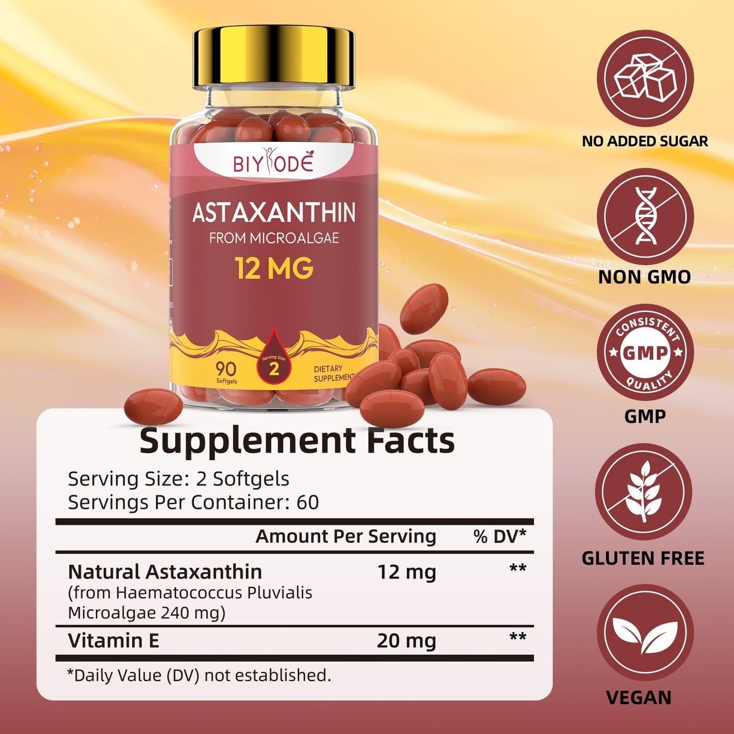 BIYODE Astaxanthin 12mg Softgels – High Potency Antioxidant (90 Softgels)