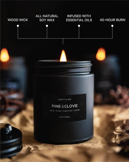 Craft & Kin Premium Pine & Clove Candle | Black Christmas Scented Soy Candle – 7.6oz, 45 Hour Burn Time