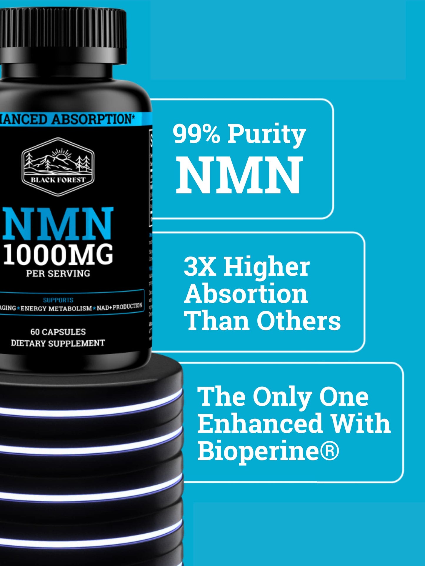 Black Forest NMN 1000mg Supplement – BioPerine Enhanced NAD Booster (60 Capsules)
