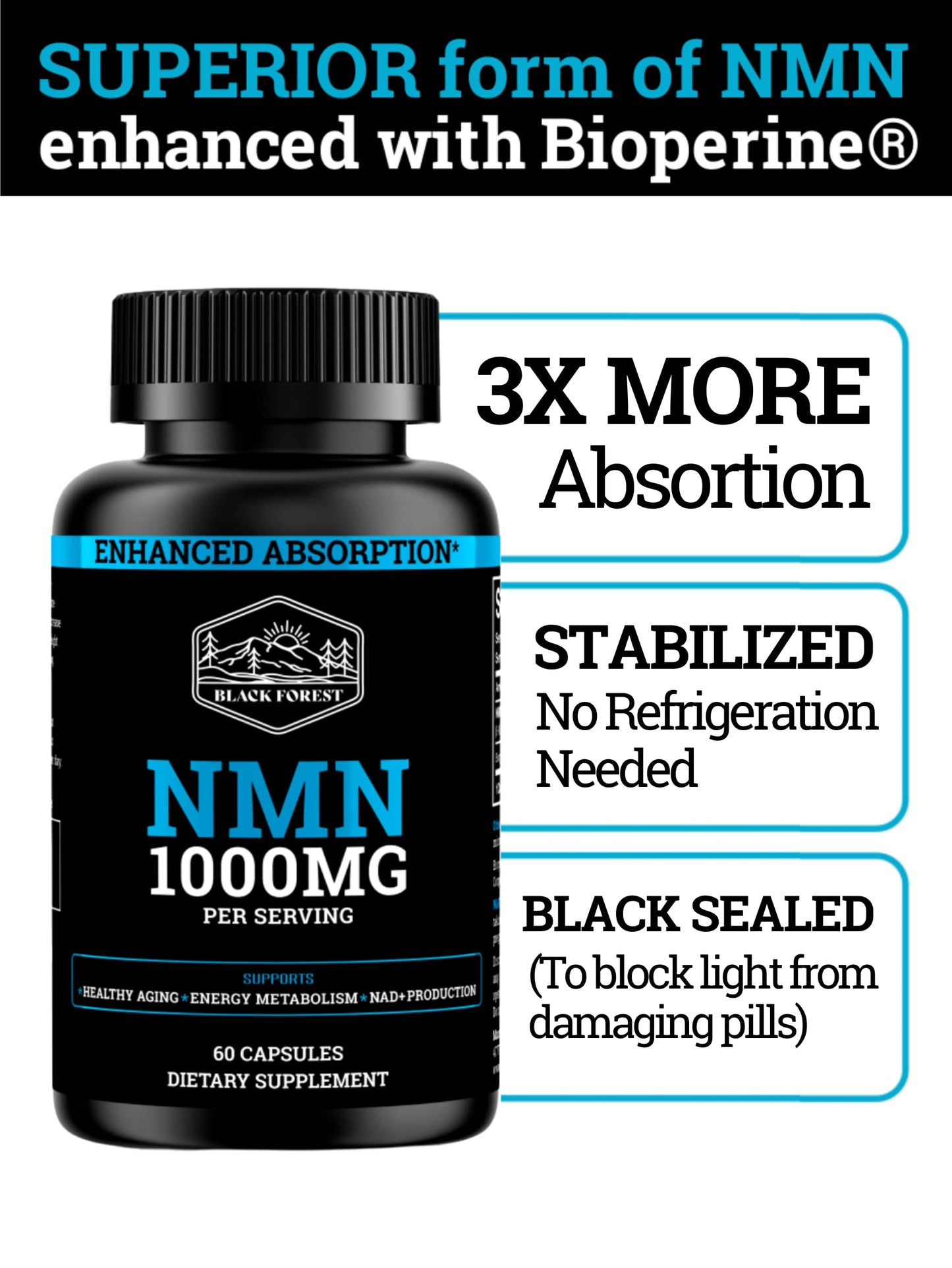Black Forest NMN 1000mg Supplement – BioPerine Enhanced NAD Booster (60 Capsules)