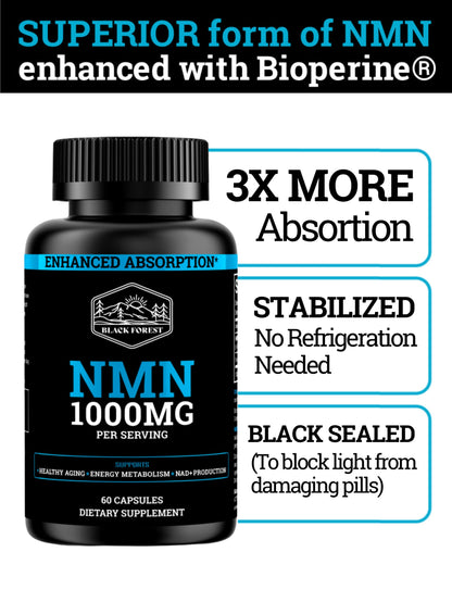 Black Forest NMN 1000mg Supplement – BioPerine Enhanced NAD Booster (60 Capsules)