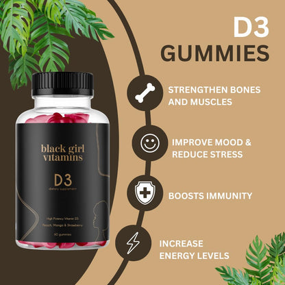 Black Girl Vitamins Vitamin D3 Gummies 2000 IU – Immune, Energy & Bone Support (Gluten-Free)