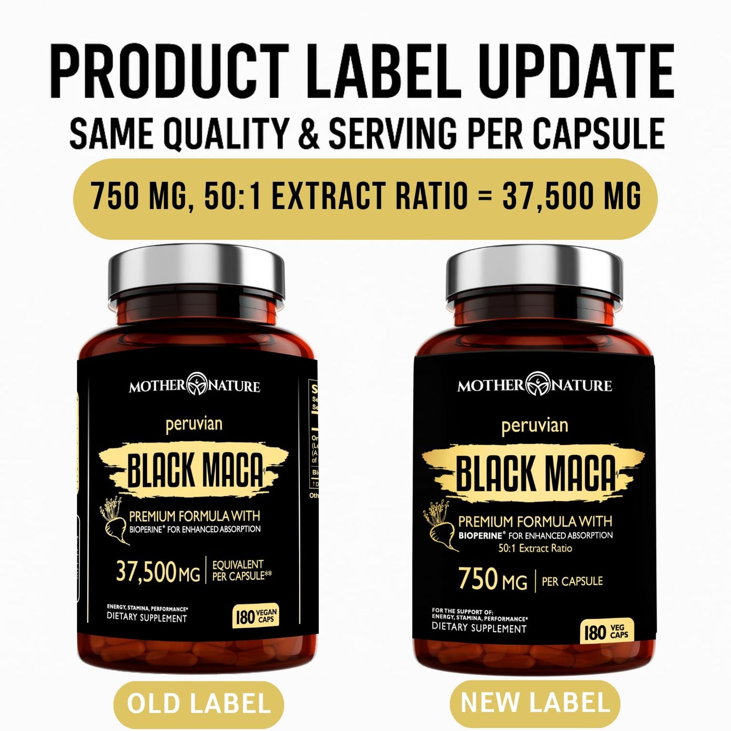 Mother Nature Black Maca 50:1 Extract – 37,500mg per Serving, 180 Vegan Capsules for Men