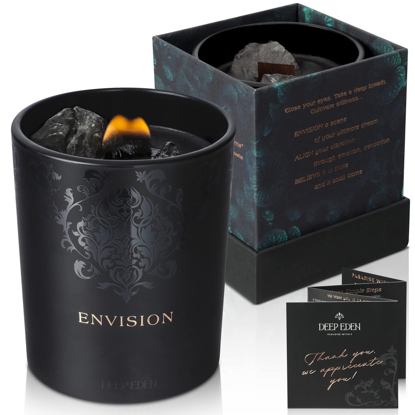 Black Orchid & Pine Moss Crystal Candle – Luxury Manifestation with Quartz Crystals (7.4oz)