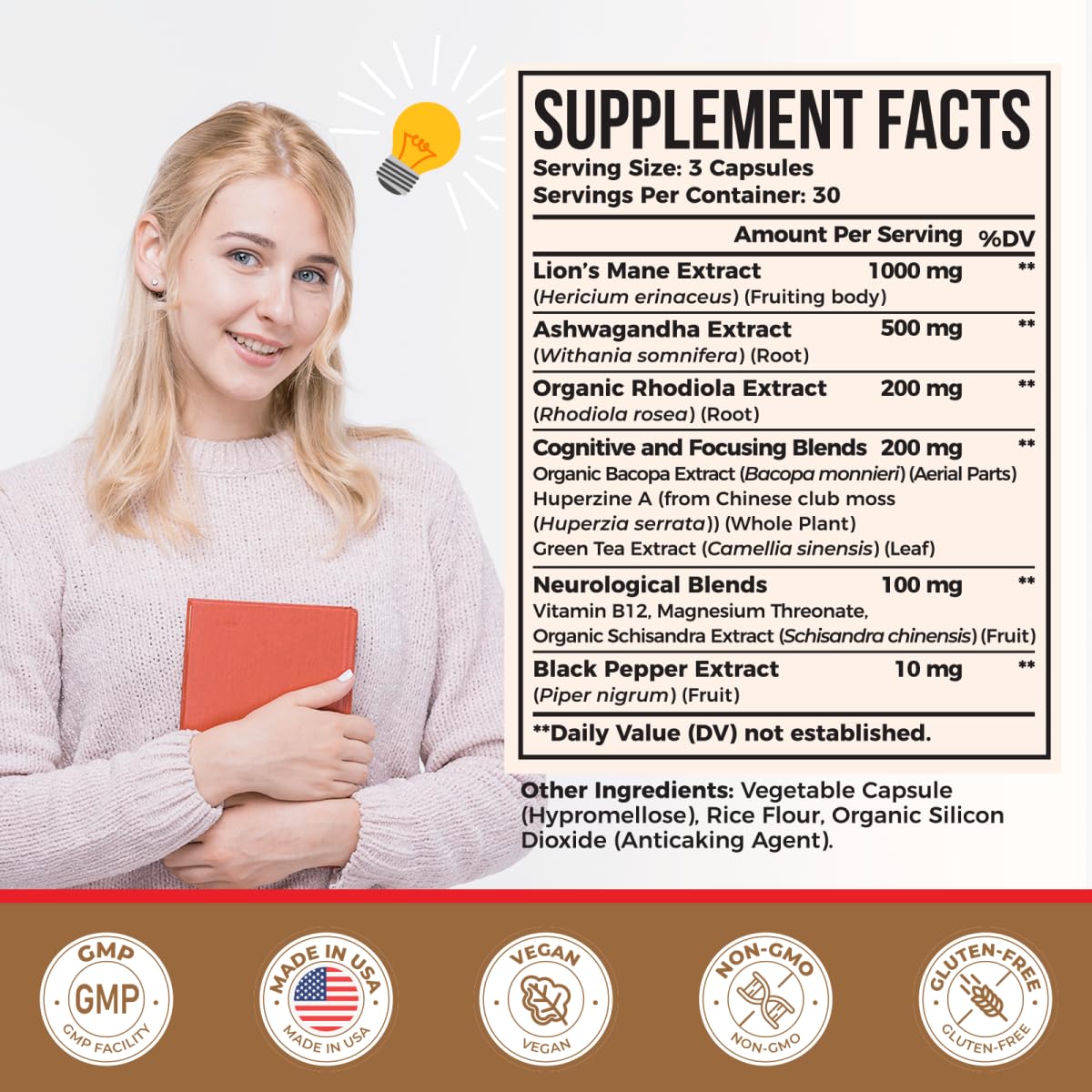 Ashwagandha & Lions Mane Capsules for Brain, Memory & Focus | 90 Capsules