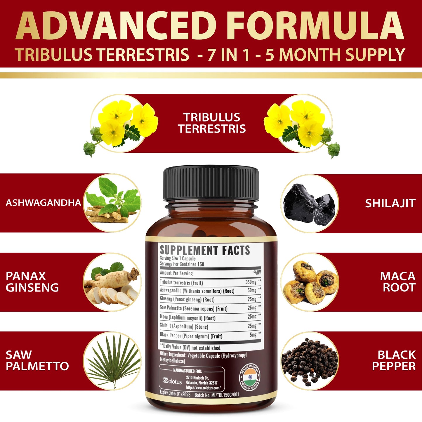 Tribulus Terrestris Supplement for Men & Women - 150 Capsules (5-Month Supply)