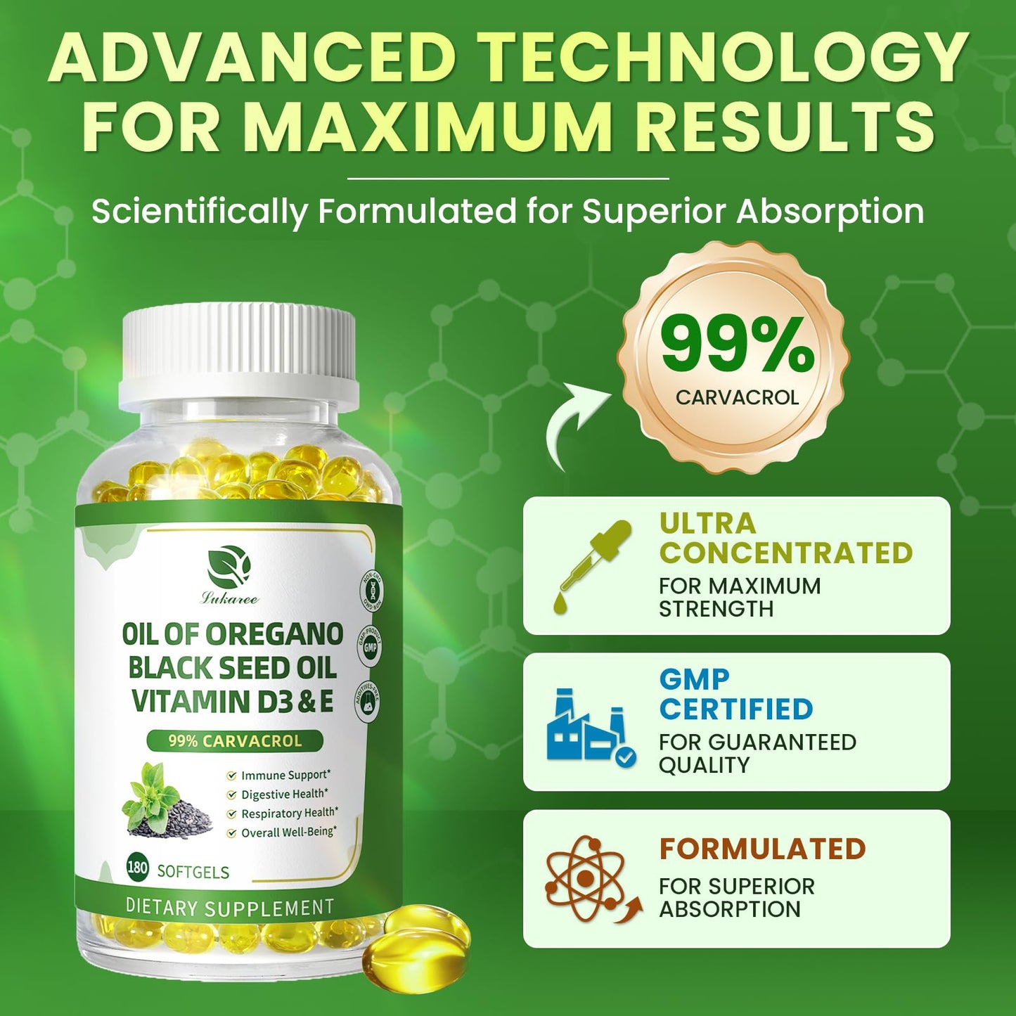 Organic Oregano Oil Capsules + Black Seed Oil | 99% Carvacrol, 180 Softgels