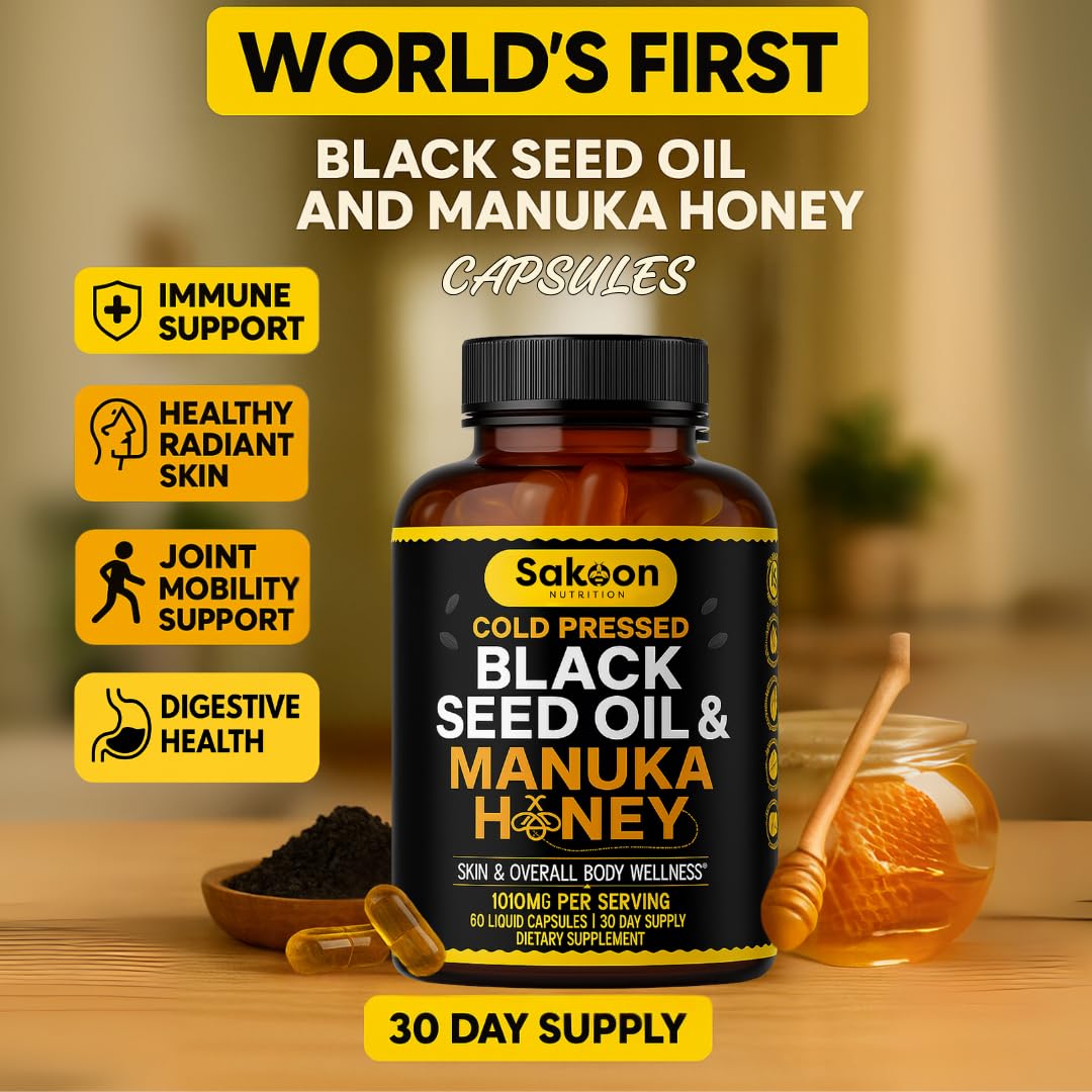 Black Seed Oil Capsules with New Zealand Manuka Honey – 1010mg per Serving, 2% Thymoquinone, Immune & Digestive Support, Made in USA, 60 Count