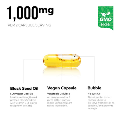 Black Seed Oil Capsules | Non-GMO & Vegan | Cold-Pressed 500mg