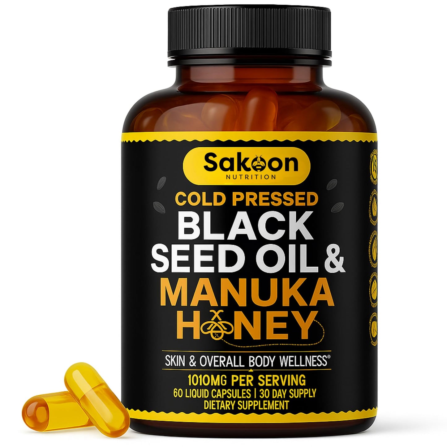 Black Seed Oil Capsules with New Zealand Manuka Honey – 1010mg per Serving, 2% Thymoquinone, Immune & Digestive Support, Made in USA, 60 Count