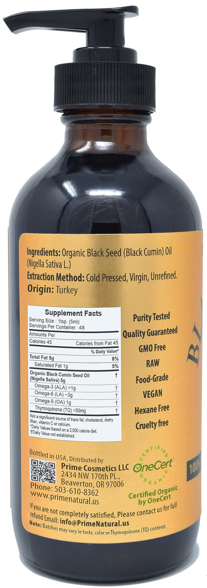 Prime Natural Organic Black Seed Oil 8oz — Cold Pressed, 1.7% Thymoquinone | USDA Organic, Turkish Nigella Sativa
