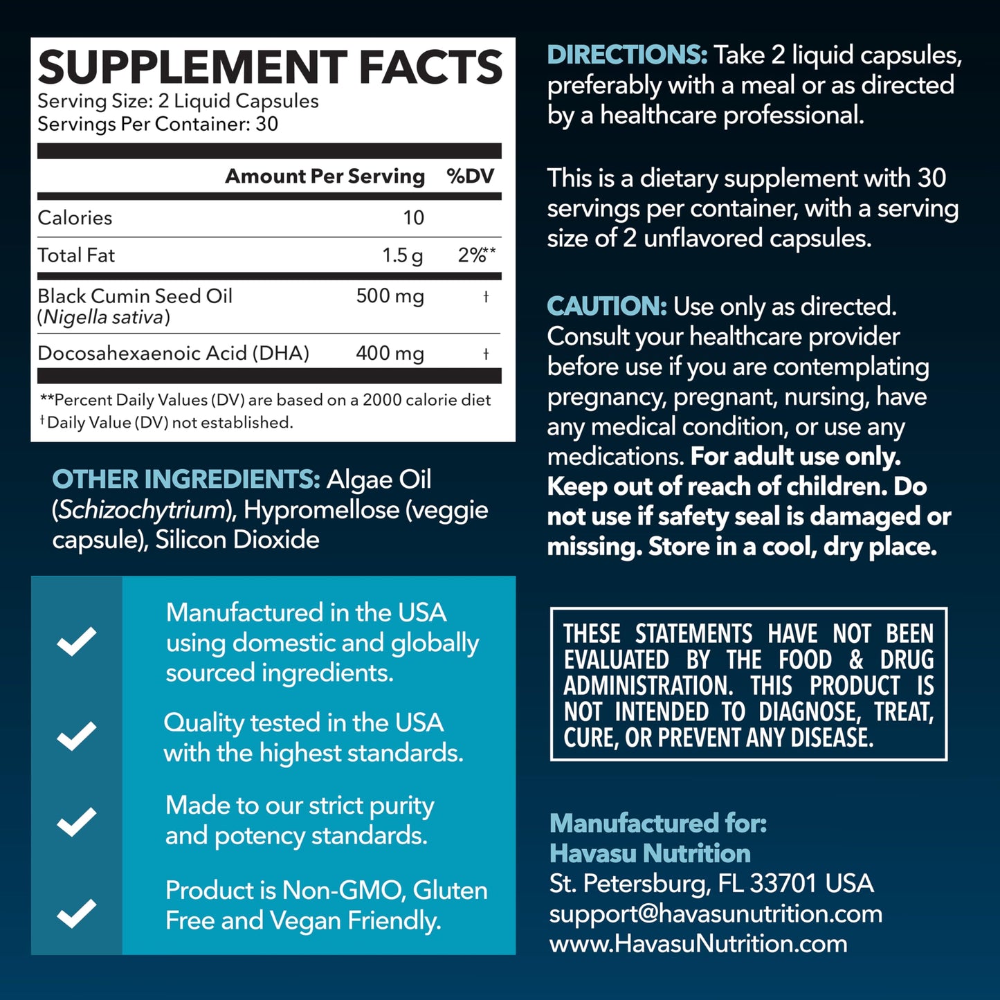 Black Seed Oil with DHA for Brain Health – Cold Pressed Black Cumin Seed Oil, DHA Omega-3 (60 Capsules) – Vegan, Non-GMO, Gluten-Free, 1 Month Supply