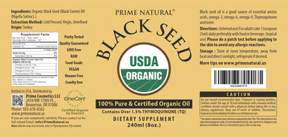 Prime Natural Organic Black Seed Oil 8oz — Cold Pressed, 1.7% Thymoquinone | USDA Organic, Turkish Nigella Sativa
