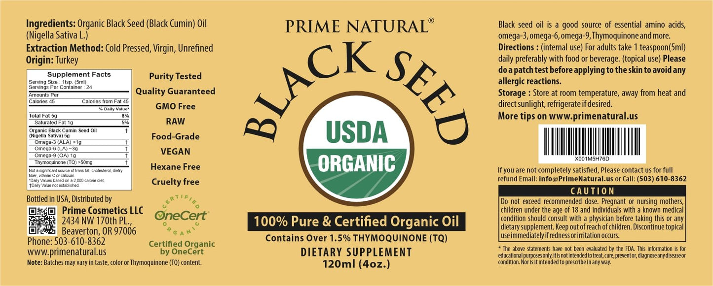 Prime Natural Organic Black Seed Oil 4oz – Cold Pressed, 1.7% Thymoquinone, USDA Organic, Turkish Origin