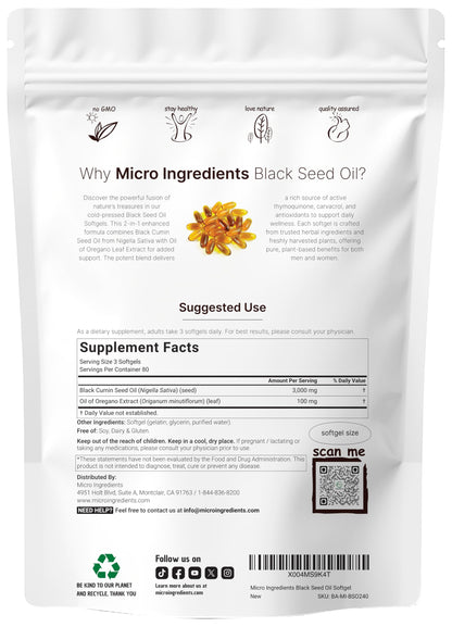 Micro Ingredients Black Seed Oil Softgels 3,000mg | 2-in-1 Oregano Oil Immune Support