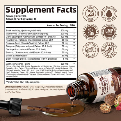 2-Pack Black Walnut Wormwood Clove Cleanse Drops - 23-in-1 Gut Health, Raspberry Flavor, 4 oz