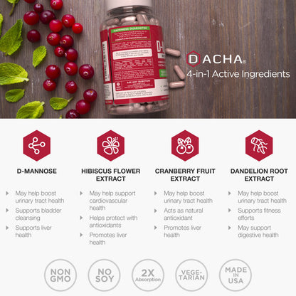 Natural D-Mannose Capsules 4-in-1 Formula - 120 Caps | 1500 mg Cranberry, Dandelion & Hibiscus