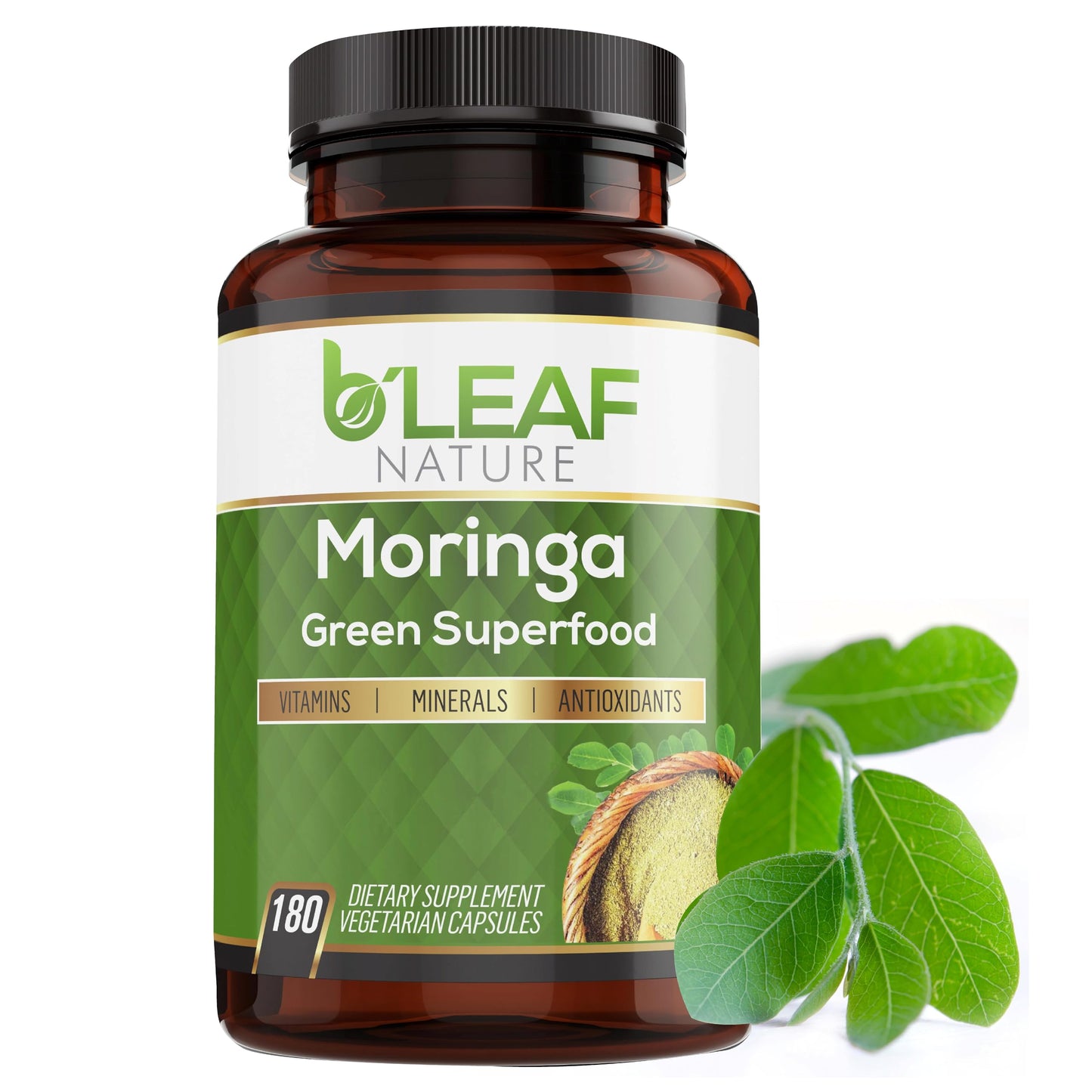 B’Leaf Nature Organic Moringa Capsules 1000mg – Immune Support, Energy & Wellness (Vegan, Non-GMO) | 180 Count