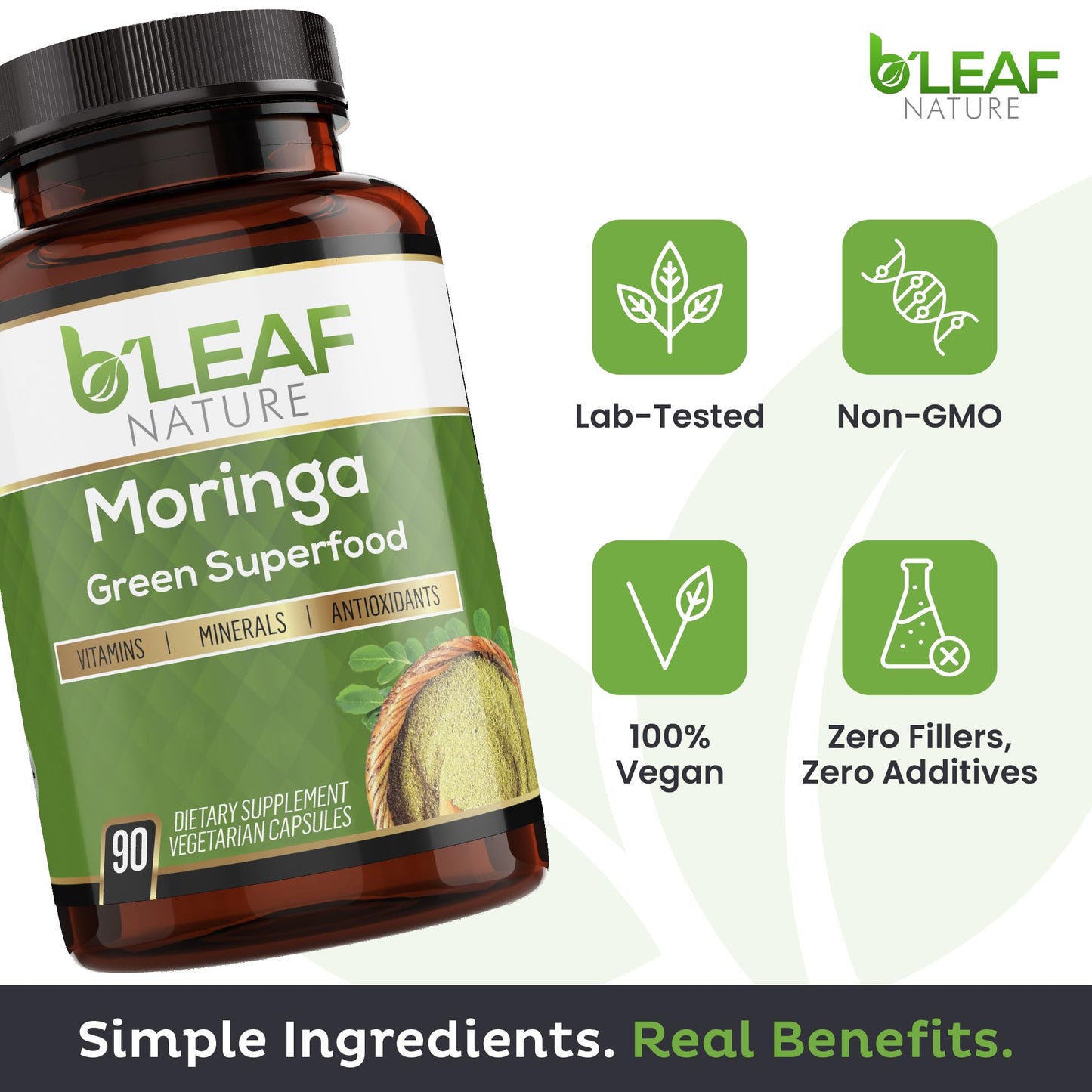 B’LEAF NATURE Organic Moringa Capsules 1000mg – 90 Count | Immune Support, Energy & Balance | Vegan, Non-GMO