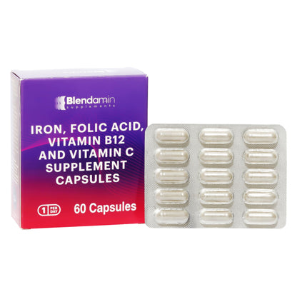 Blendamin Iron Ferrous Bisglycinate with B12, Folic Acid & Vitamin C - Red Blood Cell Formation and Immunity Support (60 Capsules)