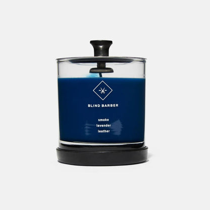 Blind Barber Tompkins Scented Candle — 40 Hour Burn, Leather, Smoke & Lavender (Barbicide Jar)