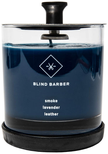 Blind Barber Tompkins Scented Candle — 40 Hour Burn, Leather, Smoke & Lavender (Barbicide Jar)